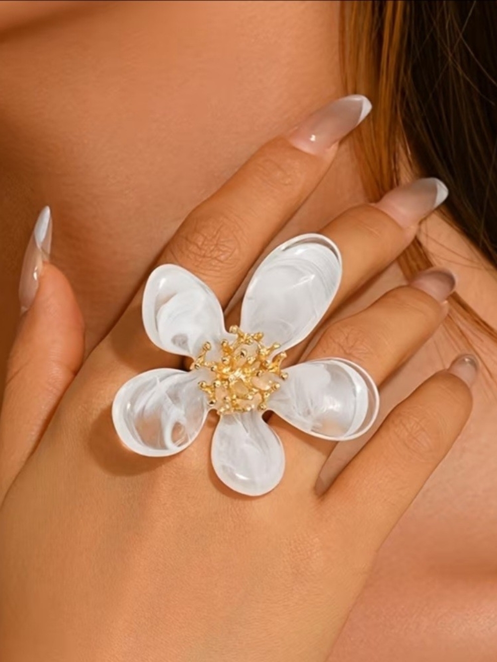 Gold & White Floral Statement Ring